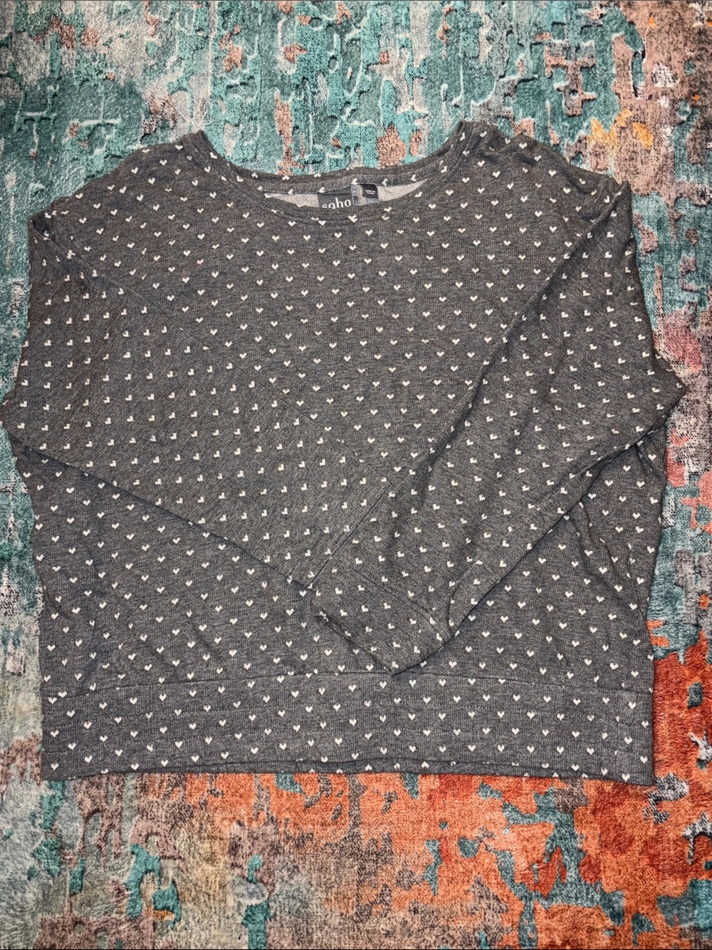 Soho Dark Gray Heart-Print Long Sleeve Crewneck Top